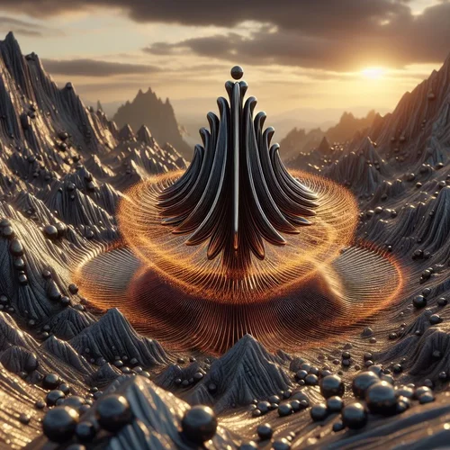 eine aus Ferrofluid geformte Lissajous-Figur in einer Landschaft aus Pyrit und Bleiglanz-3.webp