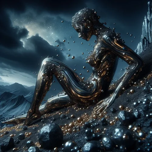 Eine aus Ferrofluid geformte, auf ihrem Bauch liegende Frau in einer mystischen Landschaft au...webp