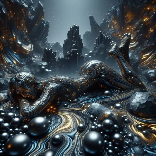 Eine aus Ferrofluid geformte, auf ihrem Bauch liegende Frau in einer mystischen Landschaft au...webp