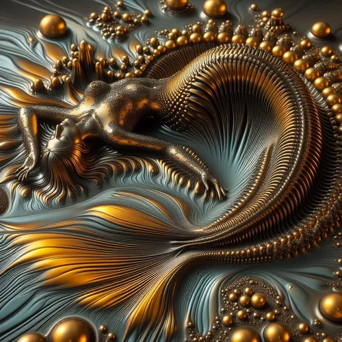 eine Badenixe aus Ferrofluid liegt bäuchlings in einer Landschaft aus glänzendem Messing-1.webp