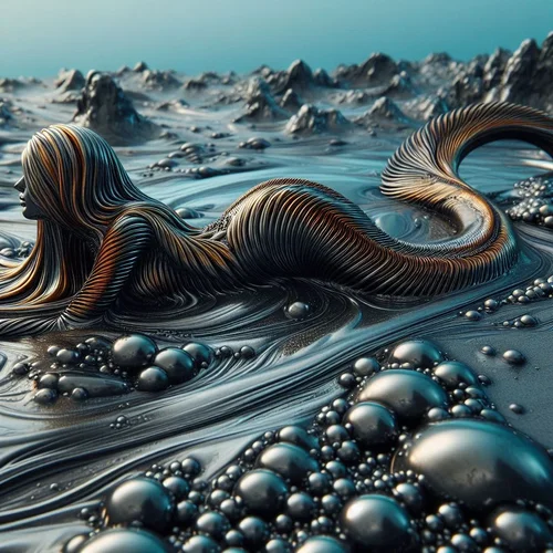 eine Badenixe aus Ferrofluid liegt bäuchlings in einer Landschaft aus Quecksilber-2.webp