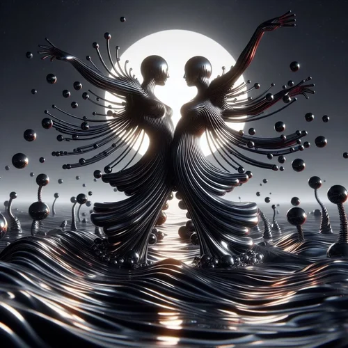 Zwei weibliche Models aus Ferrofluid tanzen miteinander in einer Landschaft aus Quecksilber-1.webp