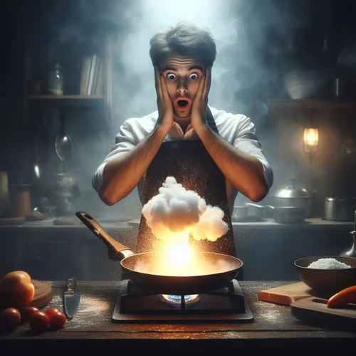 Eine kleine Explosionsreaktion in einer Pfanne in einer dunstigen, dunklen Küche. Der Koch gu...jpeg Eine kleine Explosionsreaktion in einer Pfanne in einer dunstigen, dunklen Küche. Der Koch gu...jpeg