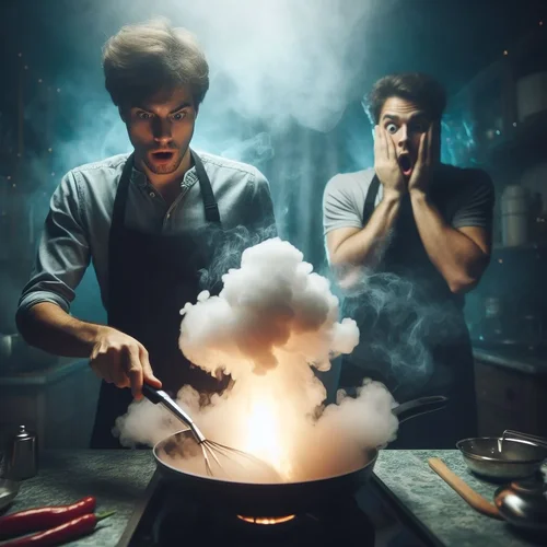 Eine kleine Explosionsreaktion in einer Pfanne in einer dunstigen, dunklen Küche. Der Koch gu...jpeg Eine kleine Explosionsreaktion in einer Pfanne in einer dunstigen, dunklen Küche. Der Koch gu...jpeg