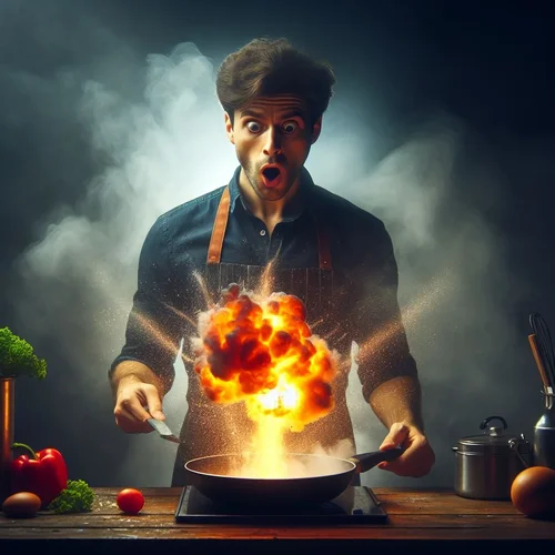 Eine kleine Explosionsreaktion in einer Pfanne in einer dunstigen, dunklen Küche. Der Koch gu...jpeg Eine kleine Explosionsreaktion in einer Pfanne in einer dunstigen, dunklen Küche. Der Koch gu...jpeg