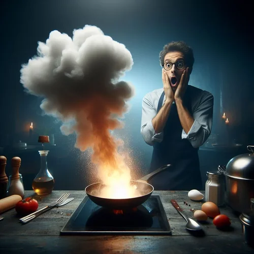 Eine kleine Explosionsreaktion in einer Pfanne in einer dunstigen, dunklen Küche. Der Koch gu...jpeg Eine kleine Explosionsreaktion in einer Pfanne in einer dunstigen, dunklen Küche. Der Koch gu...jpeg