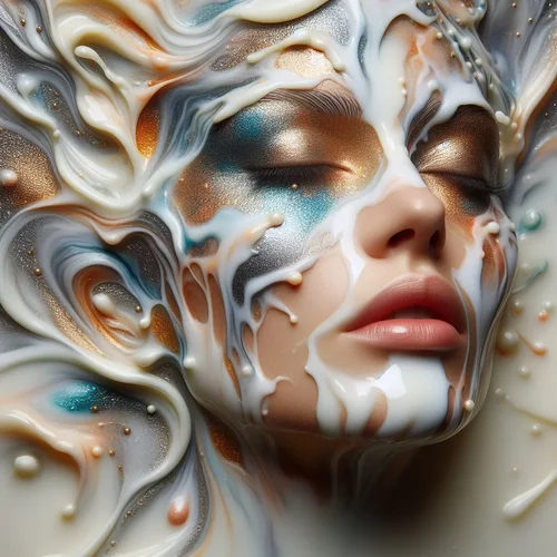 ein Frauengesicht komplett aus fließender Milch und glitzerndem, gefärbtem Öl-4.webp