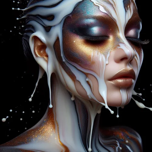 ein Frauengesicht komplett aus fließender Milch und glitzerndem, gefärbtem Öl-3.webp