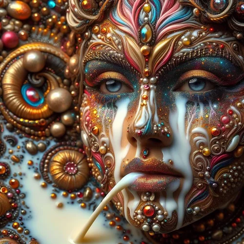 ein Frauengesicht komplett aus fließender Milch und glitzerndem, gefärbtem Öl-2.webp