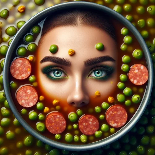 ein Frauengesicht in flüssigem Erbseneintopf mit Wursteinlage und Senf auf den Augenbrauen-3.webp