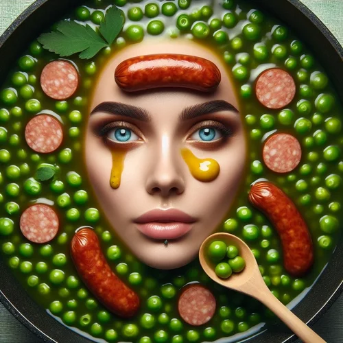 ein Frauengesicht in flüssigem Erbseneintopf mit Wursteinlage und Senf auf den Augenbrauen-2.webp