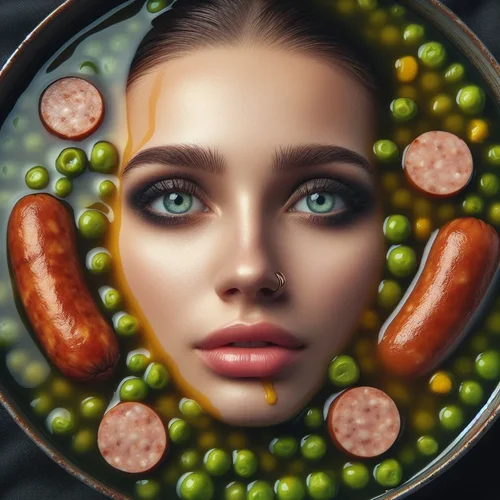 ein Frauengesicht in flüssigem Erbseneintopf mit Wursteinlage und Senf auf den Augenbrauen-1.webp