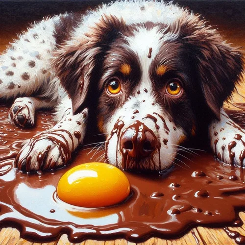 Acrylgemälde mit sehr grober Pinselführung eines und weiß und braun gescheckten Hundes, der i...webp