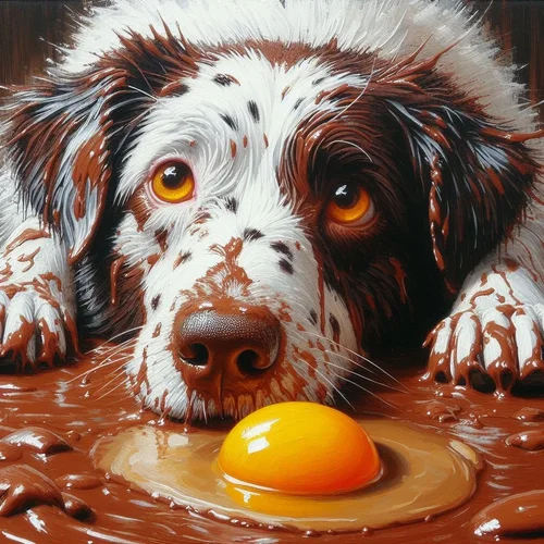 Acrylgemälde mit sehr grober Pinselführung eines und weiß und braun gescheckten Hundes, der i...webp