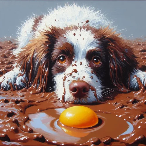 Acrylgemälde mit sehr grober Pinselführung eines und weiß und braun gescheckten Hundes, der i...webp