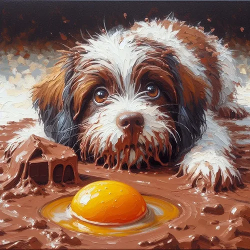 Acrylgemälde mit sehr grober Pinselführung eines und weiß und braun gescheckten Hundes, der i...webp