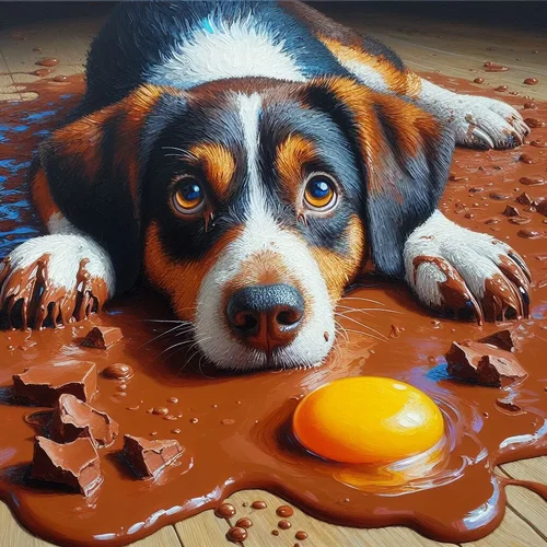 Acrylgemälde mit grober Pinselführung eines und braun gescheckten Hundes, der in einer Pfütze...webp