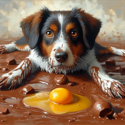 Acrylgemälde mit grober Pinselführung eines und braun gescheckten Hundes, der in einer Pfütze...webp