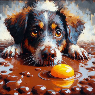 Acrylgemälde mit grober Pinselführung eines und braun gescheckten Hundes, der in einer Pfütze...jpeg