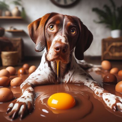 Ein braun und weiß gescheckter Hund liegt in einer Pfütze aus Schokolade und schaut uns ersta...jpeg