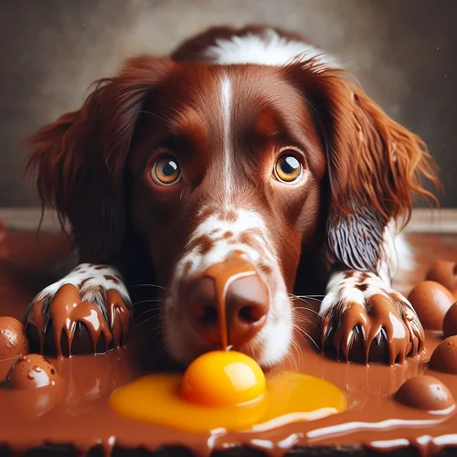 Ein braun und weiß gescheckter Hund liegt in einer Pfütze aus Schokolade und schaut uns ersta...webp