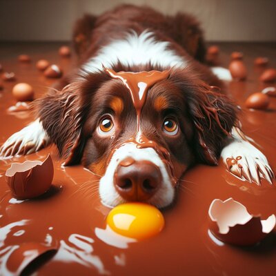 Ein braun und weiß gescheckter Hund liegt in einer Pfütze aus Schokolade und schaut uns ersta...jpeg