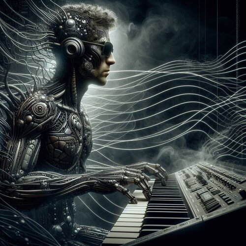 ein biokybernetischer Keyboarder im Coliani-Design, gebettet auf ineinander verwobenen, organ...jpeg