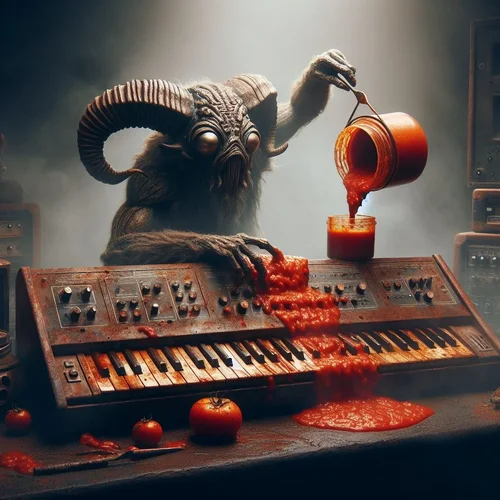 Ein Fantasiewesen übergießt einen rostigen, dreckigen Synthesizer in einem verrauchten, dunkl...webp