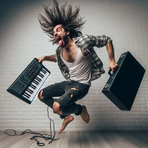 Ein irrer Typ mit ungepflegtem, fettigem Haar ist so begeistert von seinem neuen Synthesizer,...webp