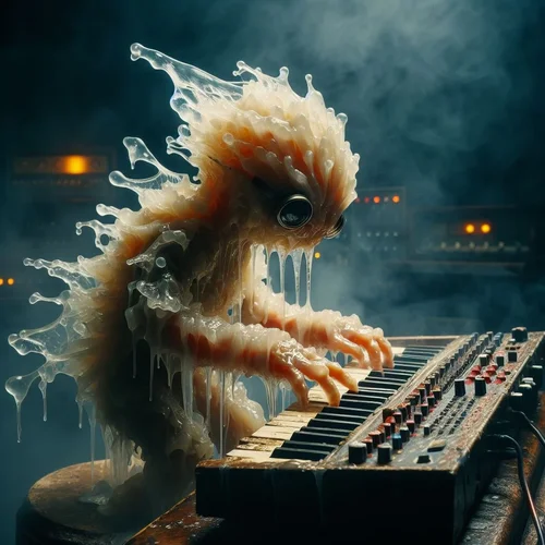 Ein mit Tapetenkleister eingeriebenes Fantasiewesen aus durchsichtiger Gelatine spielt einen ...webp