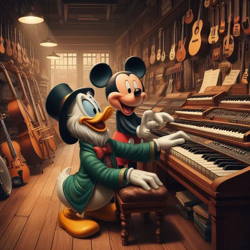Onkel Dagobert und Mickey Mouse im Musikgeschäft probieren diverse Tasteninstrumente aus. Fot...webp