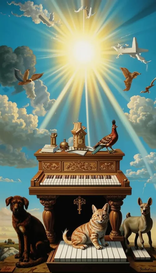 A harpsichord with a donkey, a dog, a cat, and a cockerel underneath it, in the background th...webp