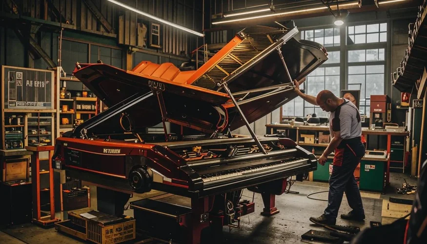 A grand piano on a lifting platform in a car workshop, with a mechanic trying to repair it fr...webp