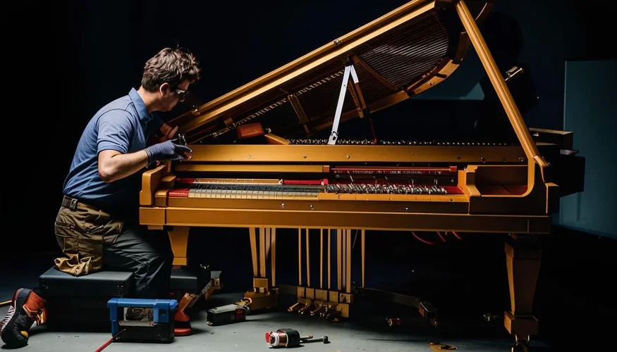 An car mechanic with his tools, lying underneath a grand piano, trying to repair it from belo...webp