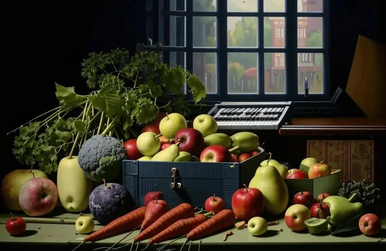 A dutch-renaissance style still life with a plastic bag of apples, pears, carrots, celery, an...webp