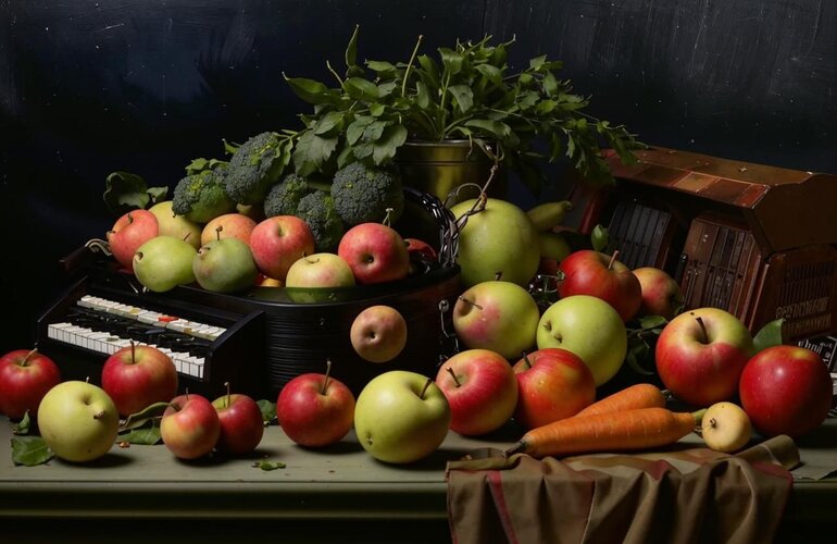 A dutch-renaissance style still life with a plastic bag of apples, pears, carrots, celery, and...jpg