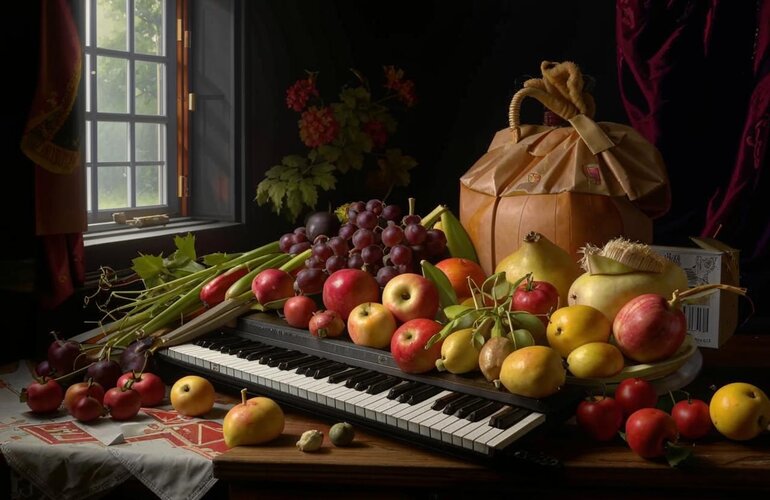 A dutch-renaissance style still life with a plastic bag of apples, pears, carrots, celery, and...jpg