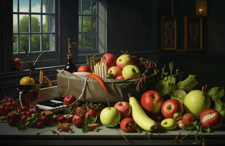 A dutch-renaissance style still life with a plastic bag of apples, pears, carrots, celery, an...webp