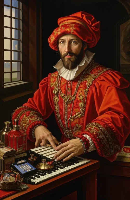 Portrait of a renaissance italian rich merchant with the usual status symbols, such as a watc...webp