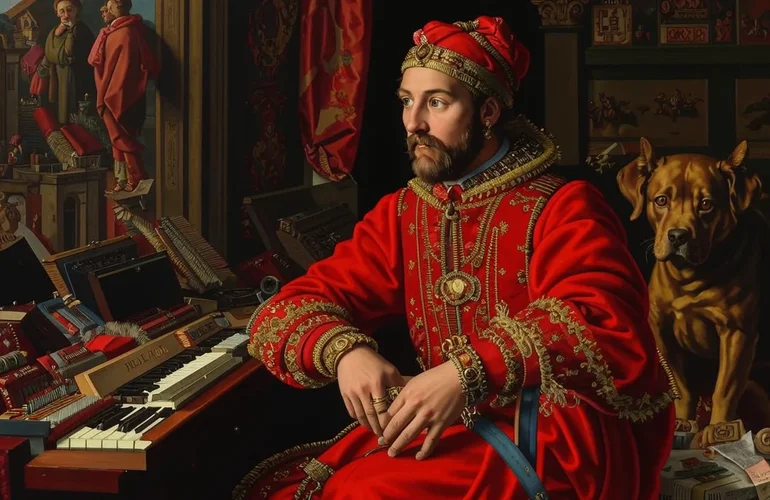 Portrait of a renaissance italian rich merchant with the usual status symbols, such as a watc...webp