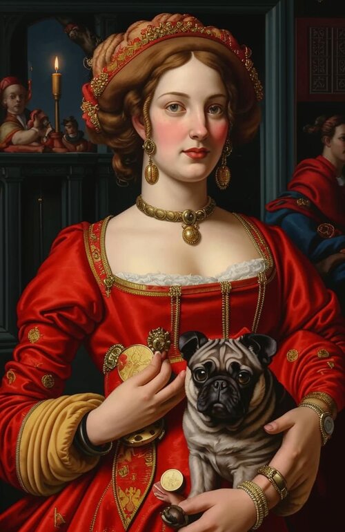 Portrait of a renaissance italian rich merchant with her usual status symbols, such as a watch...jpg