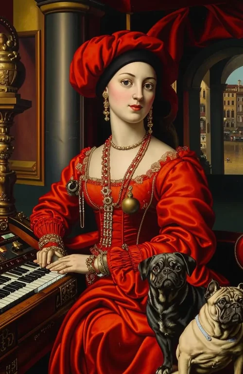 Portrait of a renaissance italian rich merchant with her usual status symbols, such as a watc...webp
