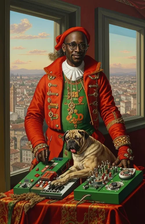 Portrait of an African-American renaissance italian rich merchant with his usual status symbo...webp
