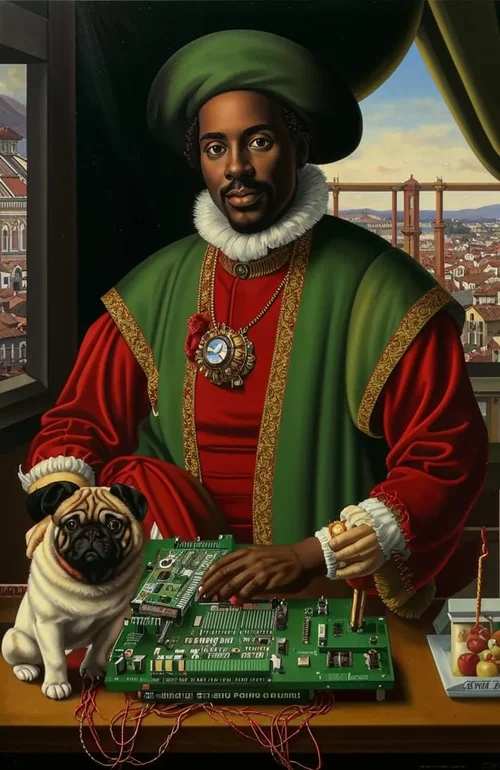 Portrait of an African-American renaissance italian rich merchant with his usual status symbo...webp