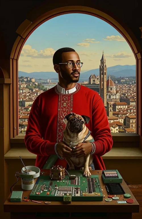 Portrait of an African-American renaissance italian rich merchant with his usual status symbo...webp