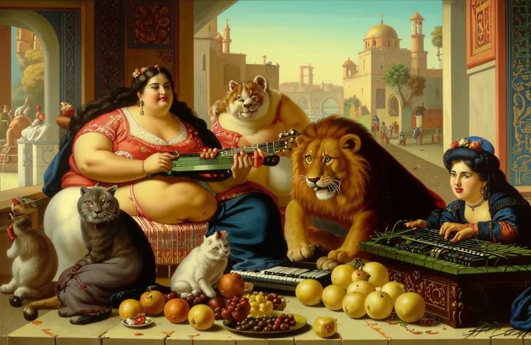 Several slightly obese women with very few clothes in a persian harem playing synthesizers. A ...jpg