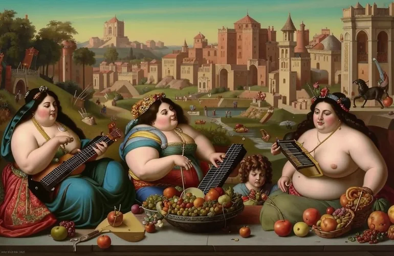 Several slightly obese women with very few clothes in a persian harem playing synthesizers. A ...jpg