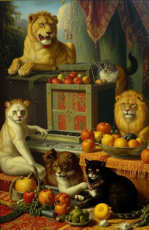 Several women with no clothes in a persian harem playing synthesizers. A lion and a couple of...webp