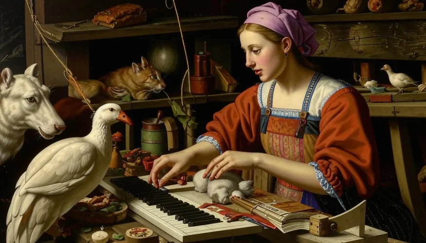 A scene in a flemish peasant household in the 17th century. People are going about their typi...webp