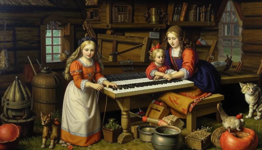 A scene in a flemish peasant household in the 17th century. People are going about their typi...webp